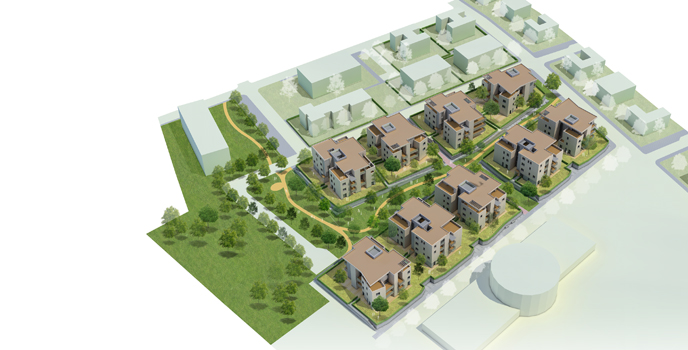 Rendering d’insieme della lottizzazione residenziale, con edifici, percorsi e aree verdi
